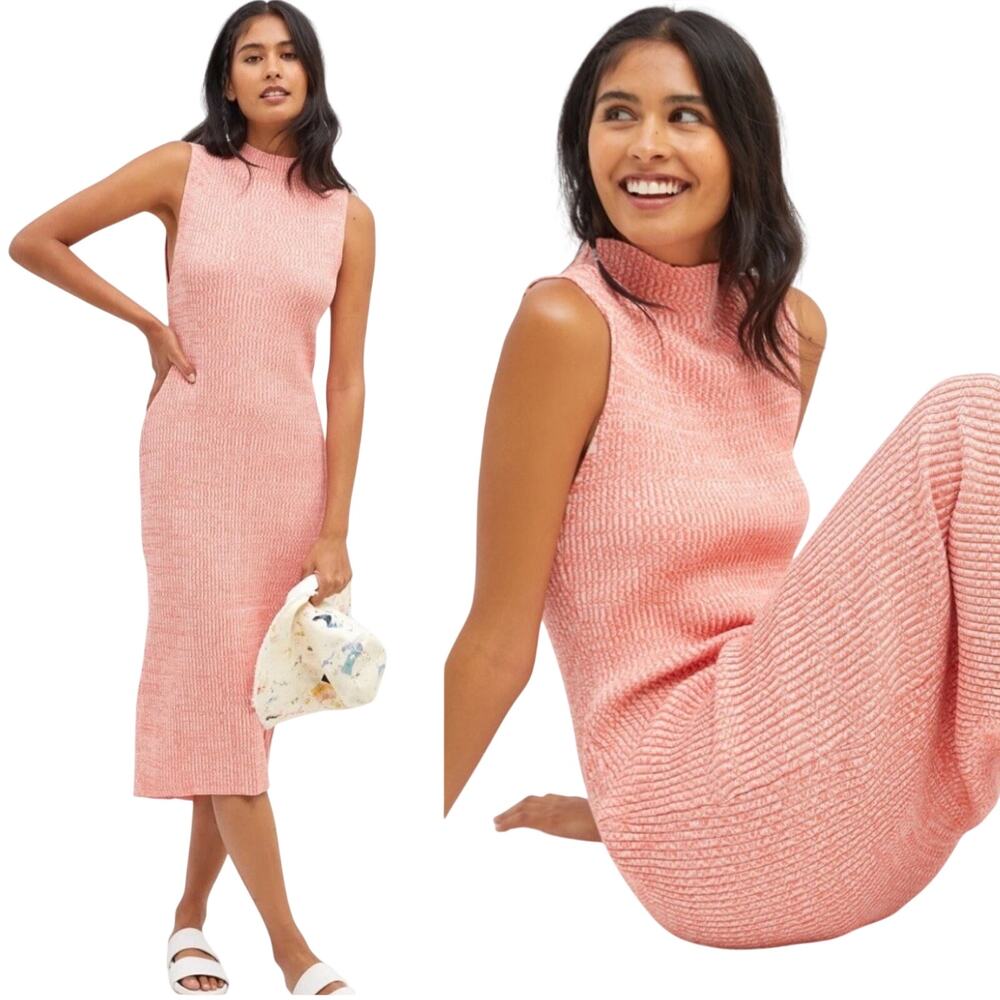 Anthropologie Daily Practice Ribbed Knit Midi Dress Mockneck Sleeveless Coral M